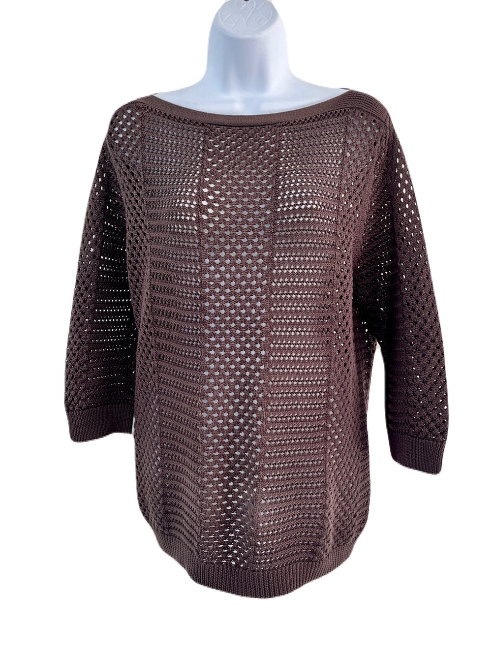 Nordstrom Brown 100% Cotton Open Weave Boatneck 3/4 Sleeve Sweater, Size M